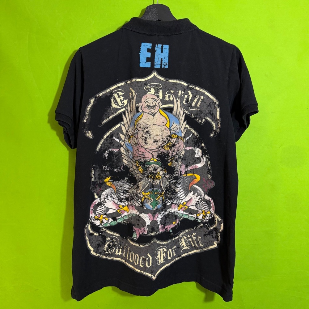 Vintage Y2K Ed Hardy Black Tattooed For Life Buddha Graphic Polo Shirt Large